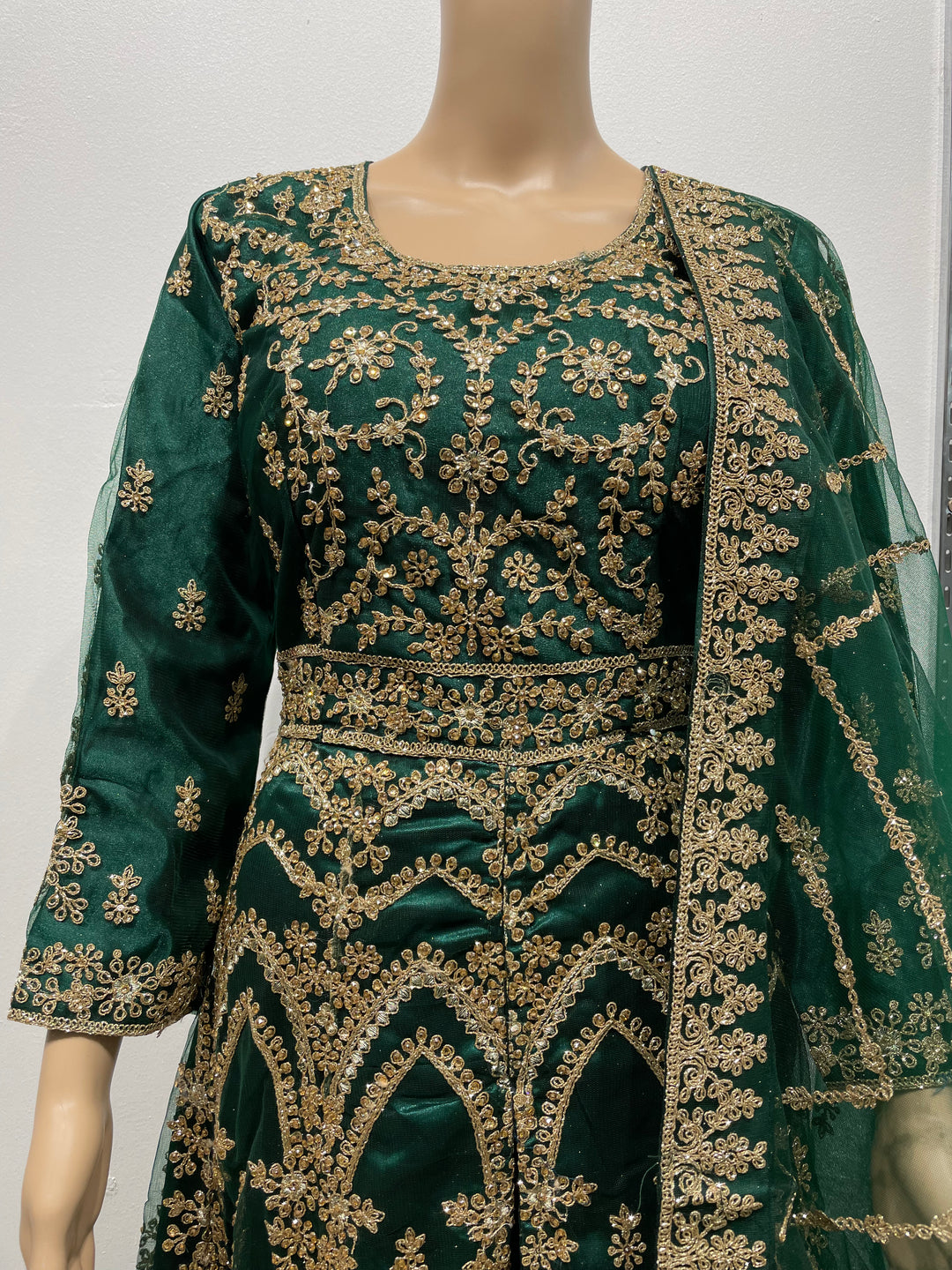 Meher - Dark Green Heavy Embroidered Gown with Front Split - 3pcs