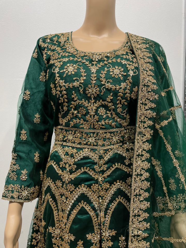 Meher - Dark Green Heavy Embroidered Gown with Front Split - 3pcs