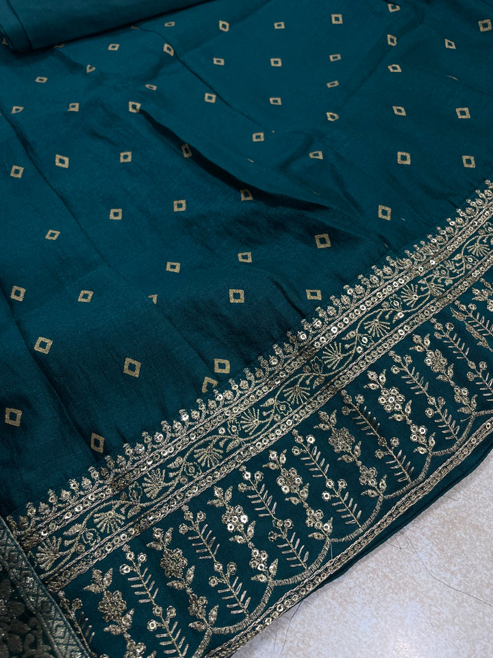 Iman - Teal Green Silk embroidered Anarkali with digital print scarf - 3 Pcs