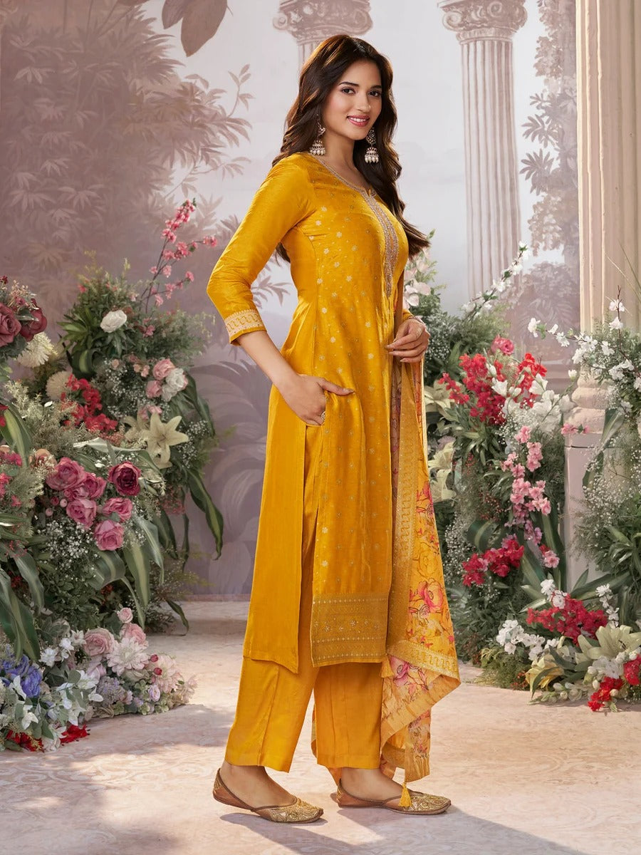 Kiran – Yellow Dola Silk Kurta Set with Jacquard Detailing and Intricate Embroidery, Paired with a Cherry Silk Dupatta – 3 Pcs