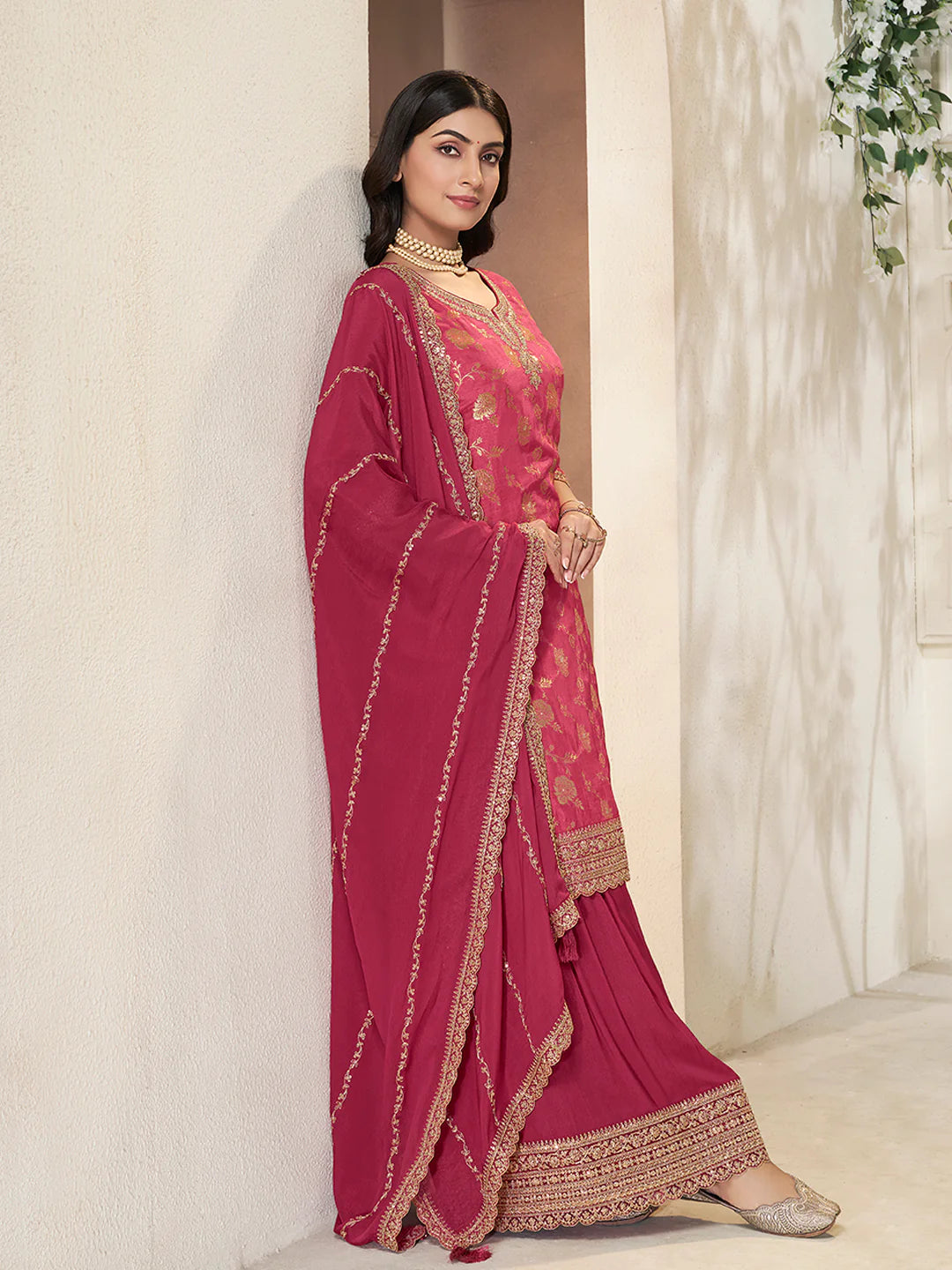 Sareen – Pink Dola Silk Embroidered Straight Kurta with Sequinned plazo Dupatta – 3 Pcs