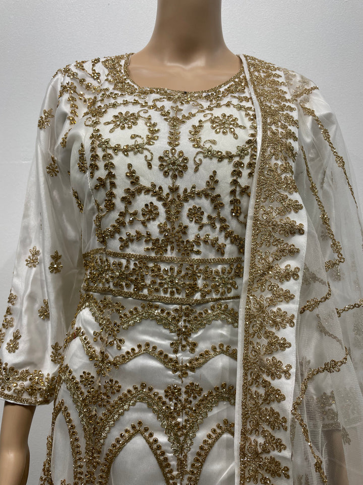 Meher - White Heavy Embroidered Gown with Front Split - 3pcs
