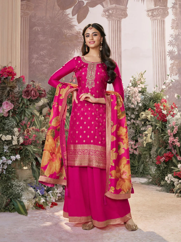 Farah – Pink Dola Silk Jacquard & Embroidery Sharara Set with Digital Print Dupatta – 3 Pcs