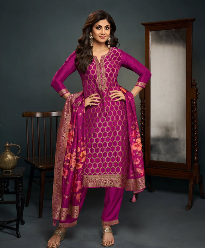 Aleena - Fuchsia Pure Viscose Dola with Embroidery Work & Digital Print Scarf - 3 Pcs