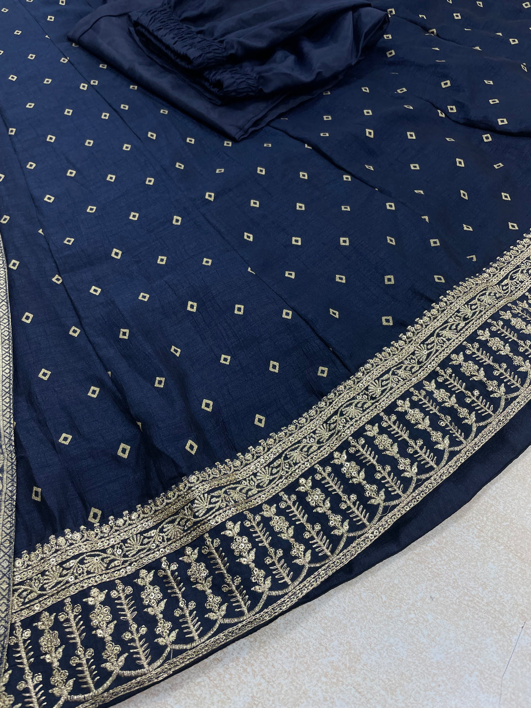 Iman - Navy Blue Embroidered Anarkali with digital print scarf - 3 Pcs