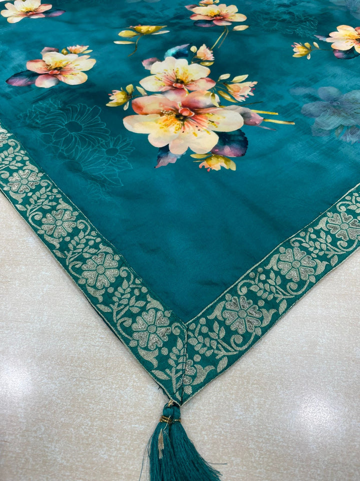 Floral Elegance – Teal Green Digital Print Dupatta with Zari Border