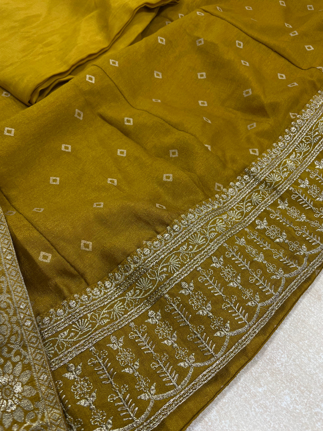 Iman - Mustard Silk embroidered Anarkali with digital print scarf - 3 Pcs