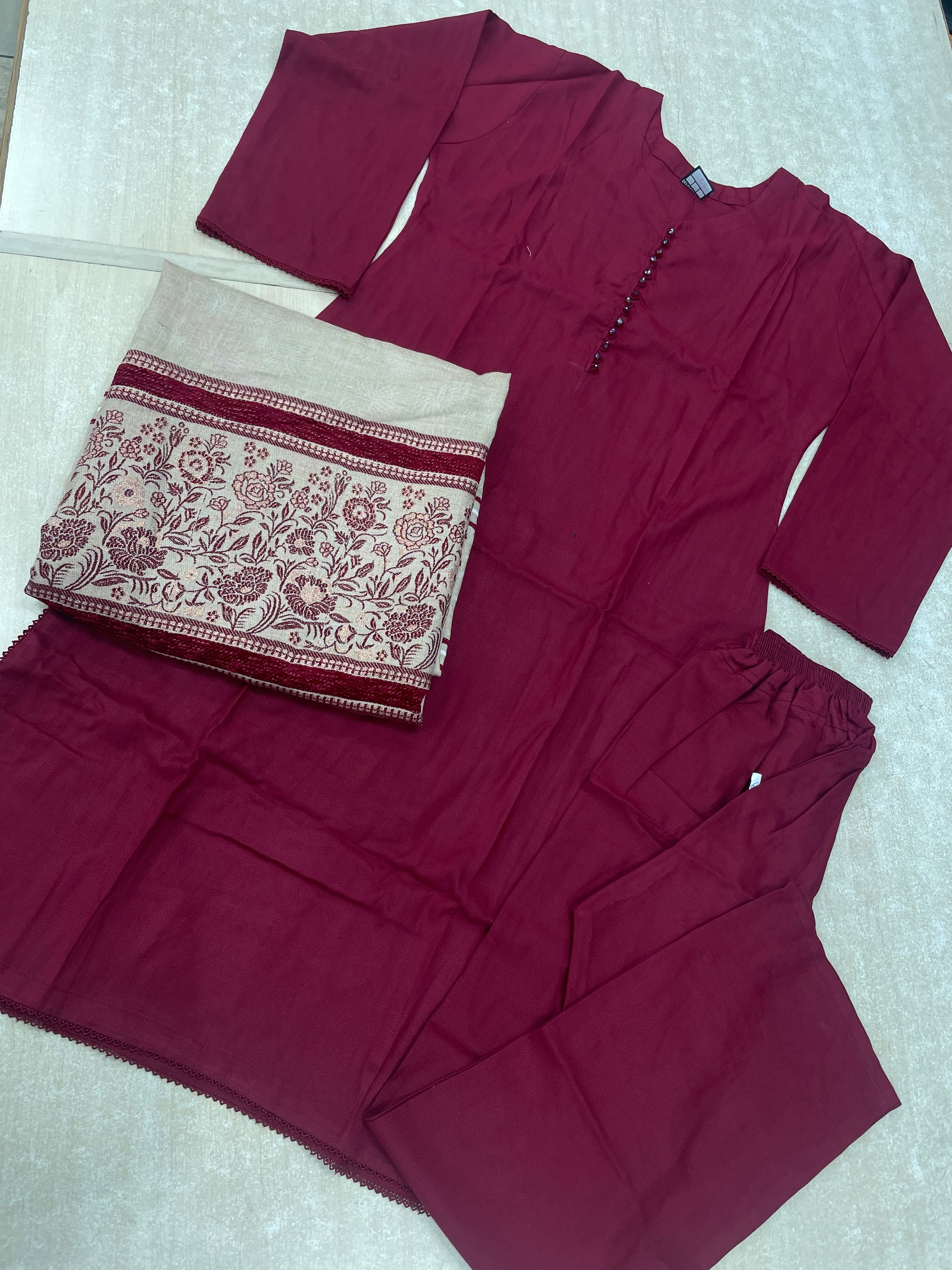 Maroon Dhanak Shalwar Kameez with Chadar scarf - 3Pcs