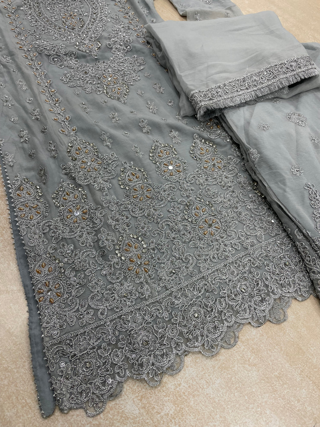 Aisha - Grey embroidered Plazo - Silver/Rose Gold Embroidered & Gem work - 3Pcs
