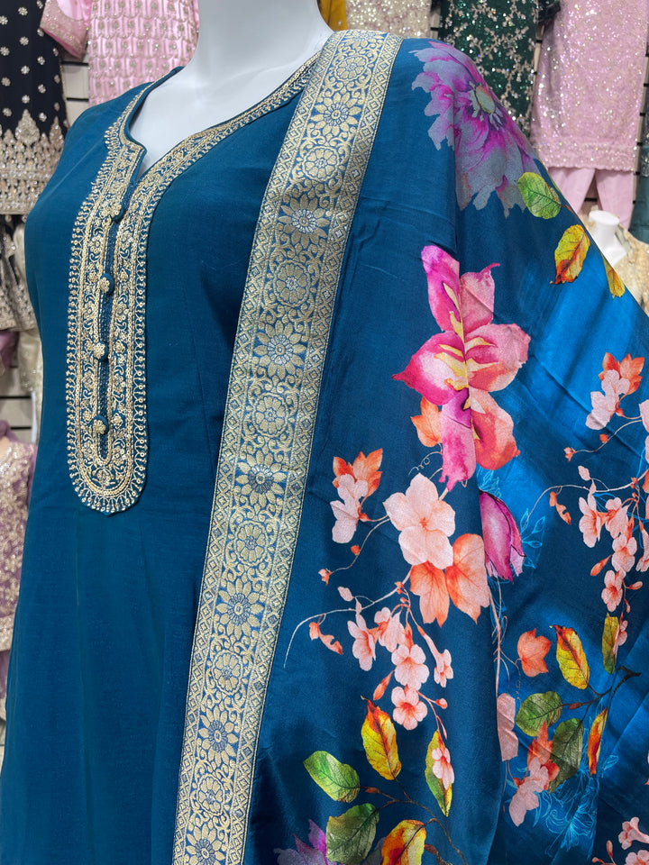 Isra – Blue Bhagalpuri Silk Anarkali with Digital Print Dupatta – 2 Pcs