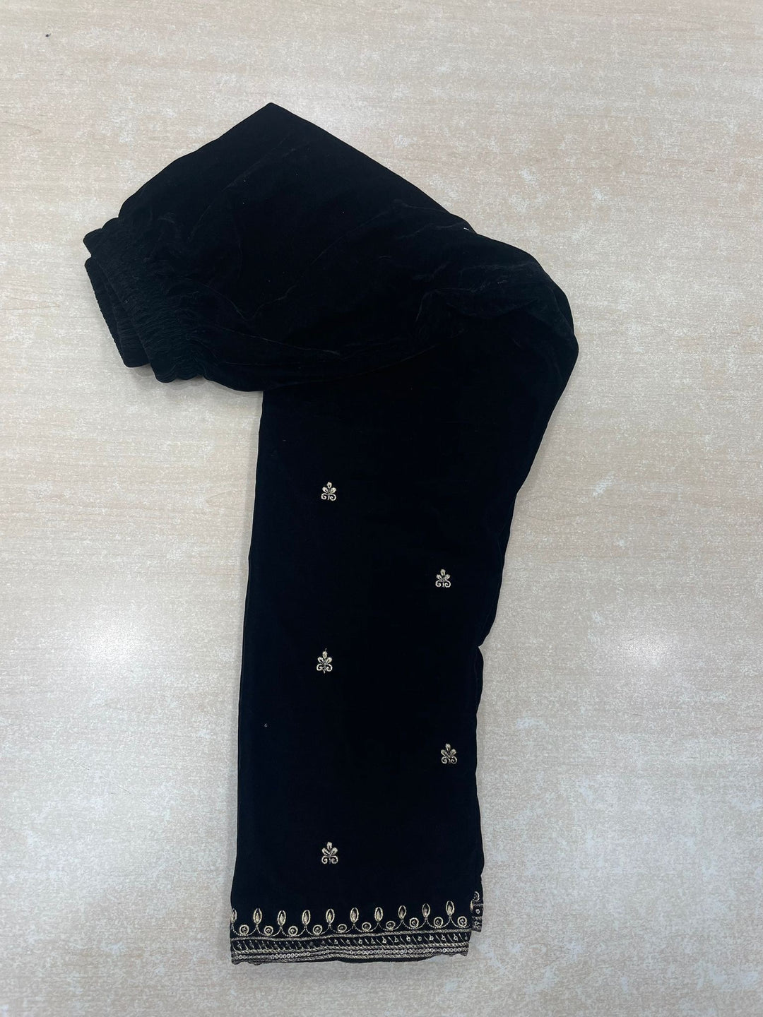 Noura - Black Velvet Kameez - Embroidered & Gem work - 3Pcs
