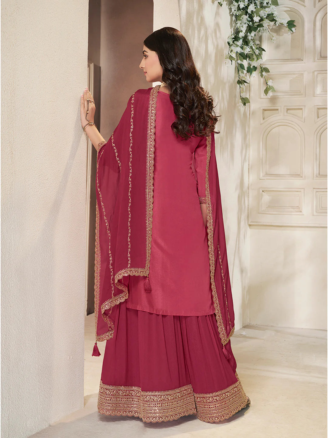 Sareen – Pink Dola Silk Embroidered Straight Kurta with Sequinned plazo Dupatta – 3 Pcs