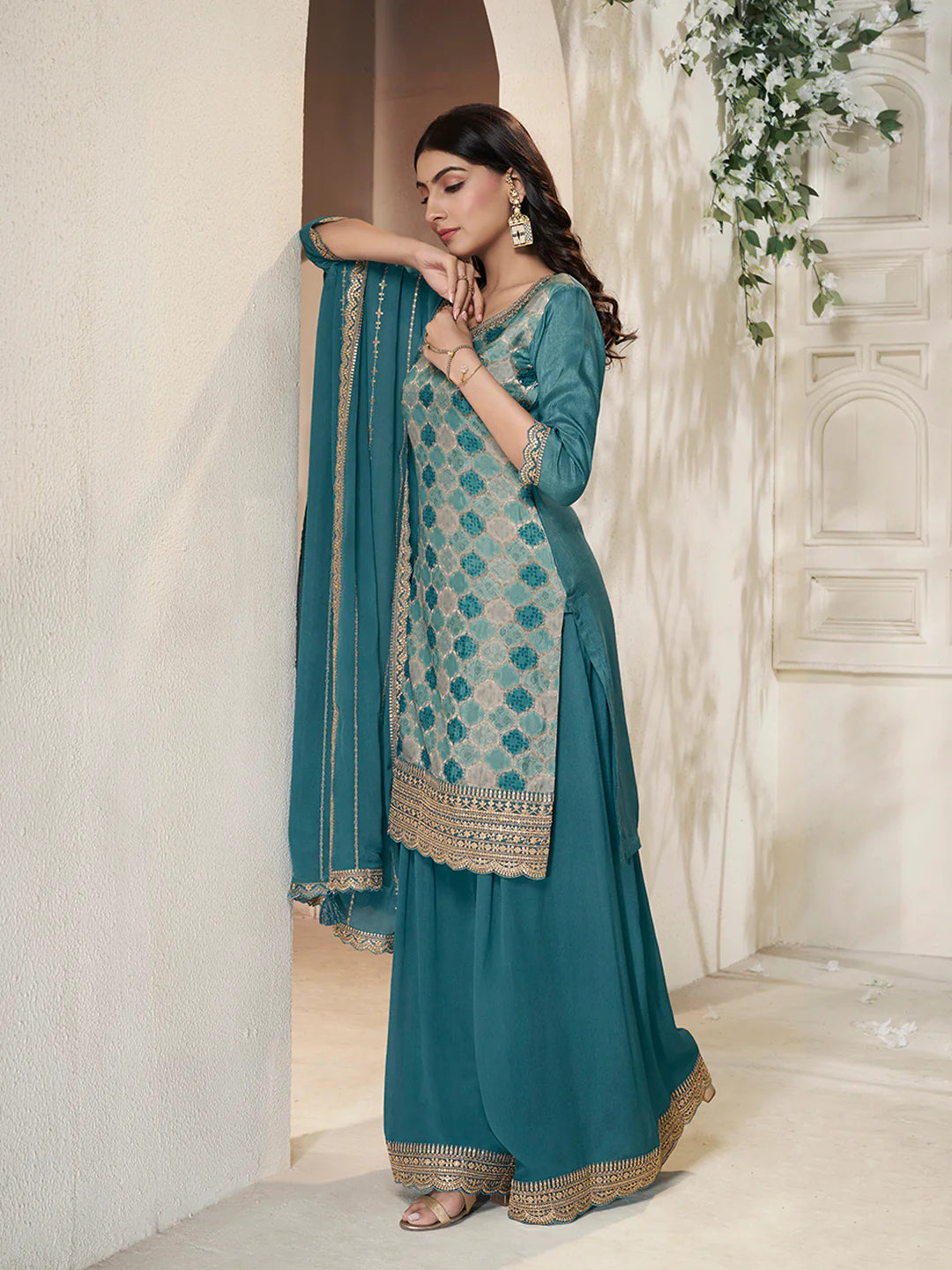 Abeer – Pastel Teal Blue Dola Silk Printed Kurta with Sequinned Plazo Dupatta – 3 Pcs