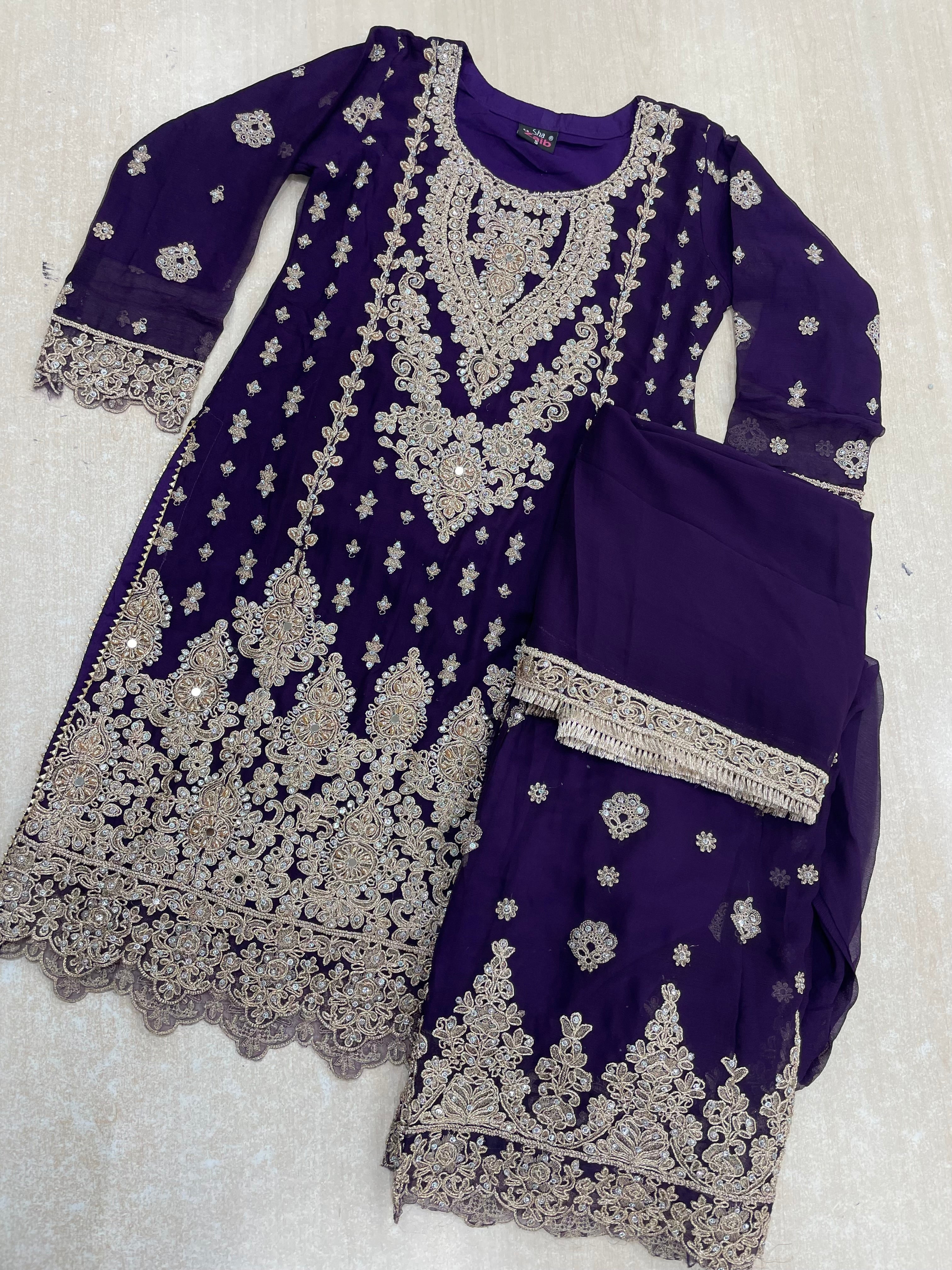 Purple embroidered Plazo - Rose Gold Embroidered & Gem work - 3Pcs