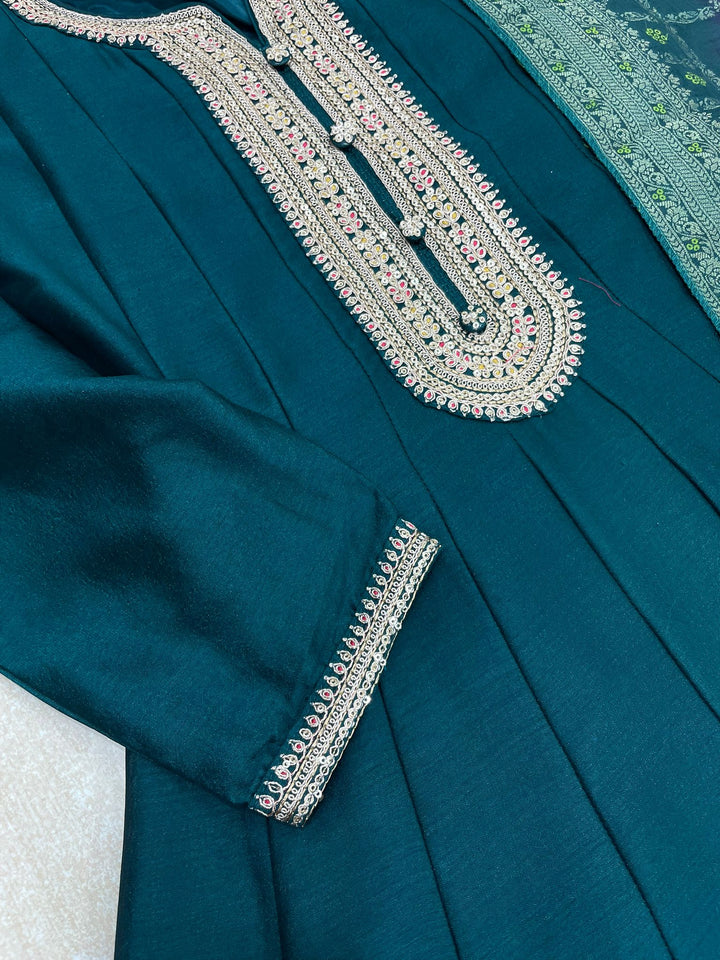 Hooriya - Teal Green Embroidered Anarkali with Jacquard Dupatta - 3 Pcs