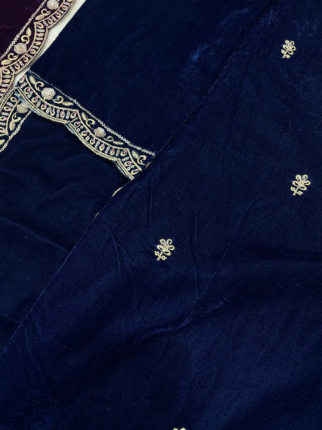 Qamar - Blue Velvet Kameez - Embroidered & Gem work - 3Pcs