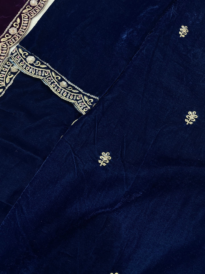 Qamar - Blue Velvet Kameez - Embroidered & Gem work - 3Pcs