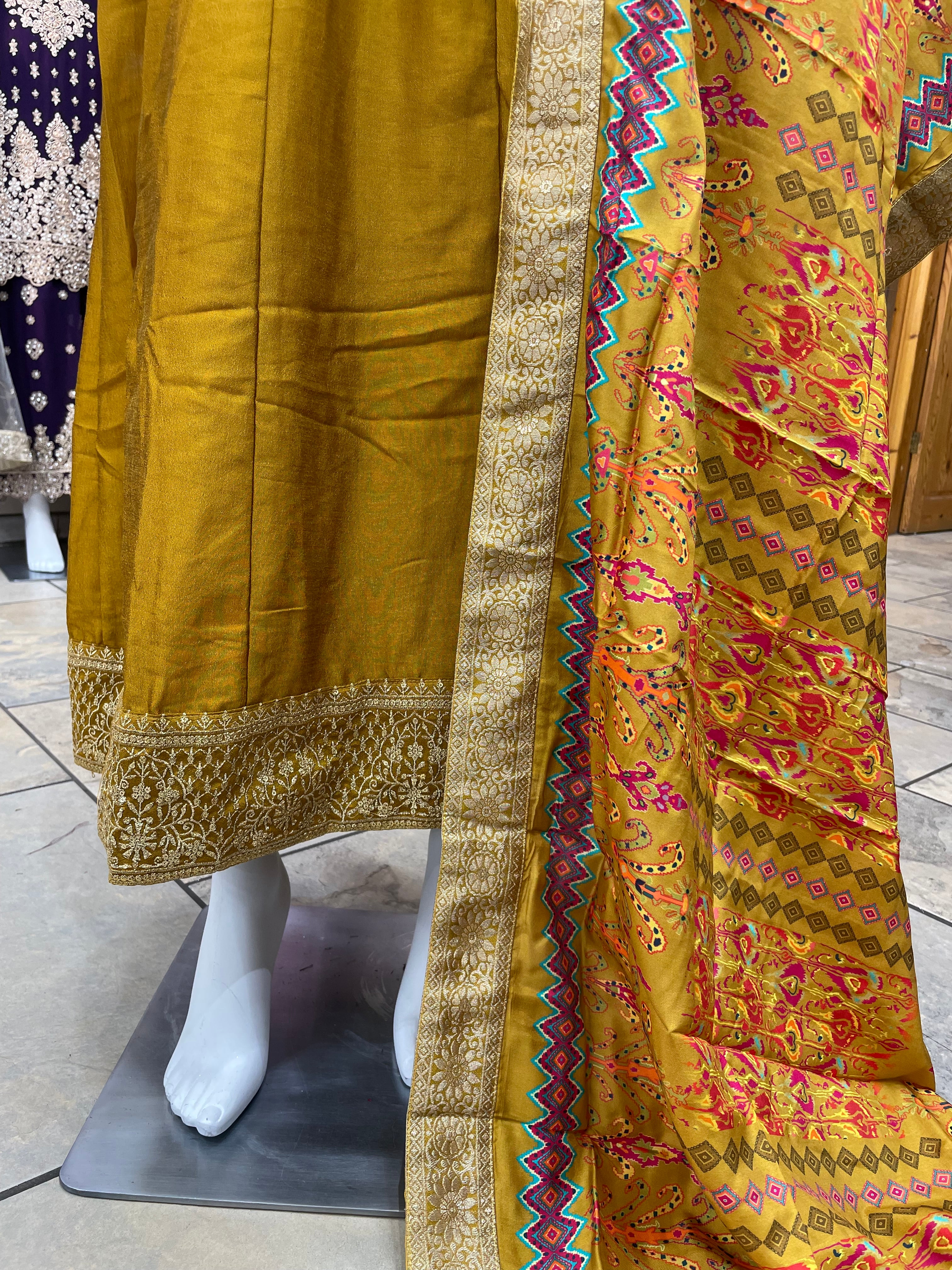 Shilpa 10B  - MUSTARD - Bhagalpuri Silk Frock with Digital Print Dupatta - 2pcs