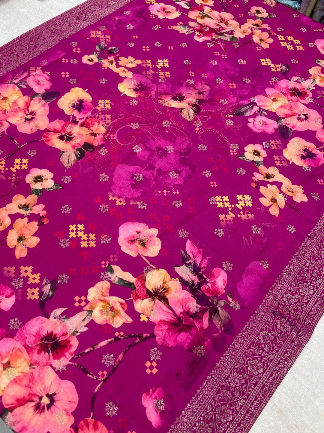 Aleena - Fuchsia Pure Viscose Dola with Embroidery Work & Digital Print Scarf - 3 Pcs