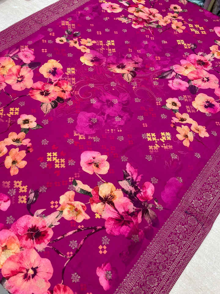 Aleena - Fuchsia Pure Viscose Dola with Embroidery Work & Digital Print Scarf - 3 Pcs