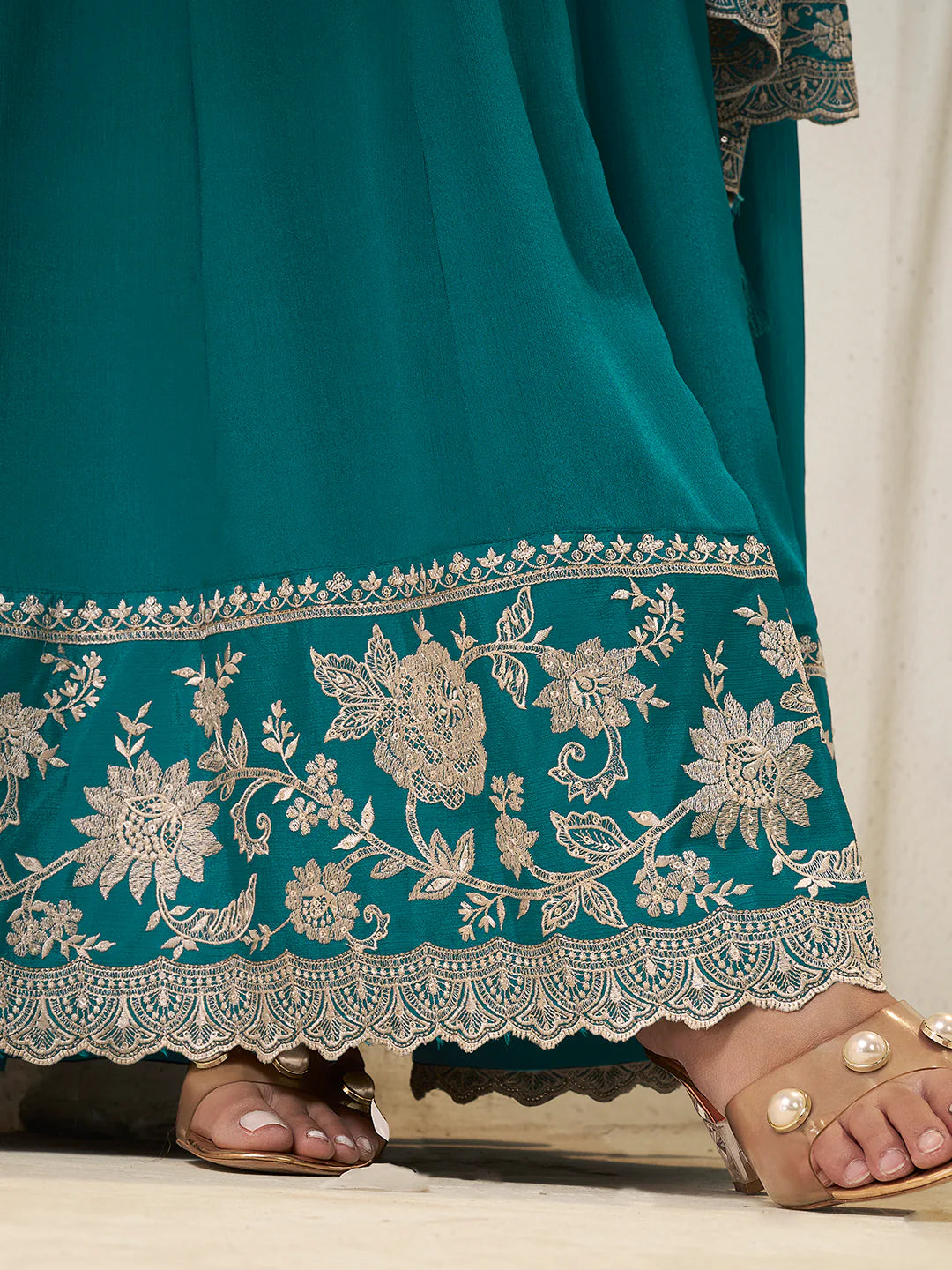 Nureh – Teal Chinon Embroidered Anarkali Suit with Scalloped Dupatta - 2pcs