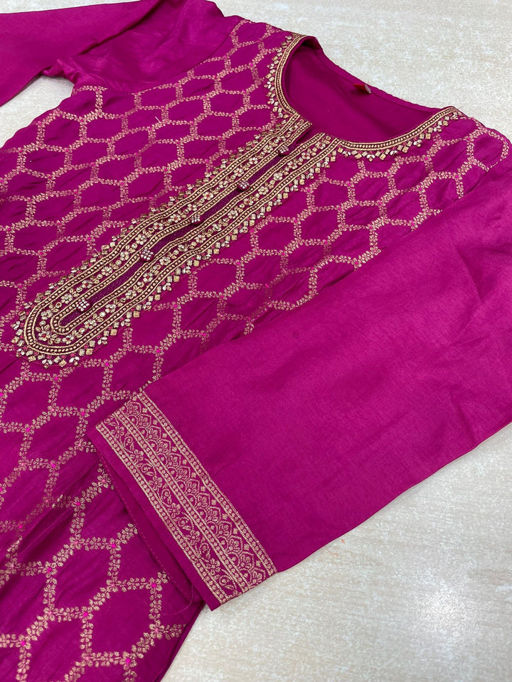 Aleena - Fuchsia Pure Viscose Dola with Embroidery Work & Digital Print Scarf - 3 Pcs