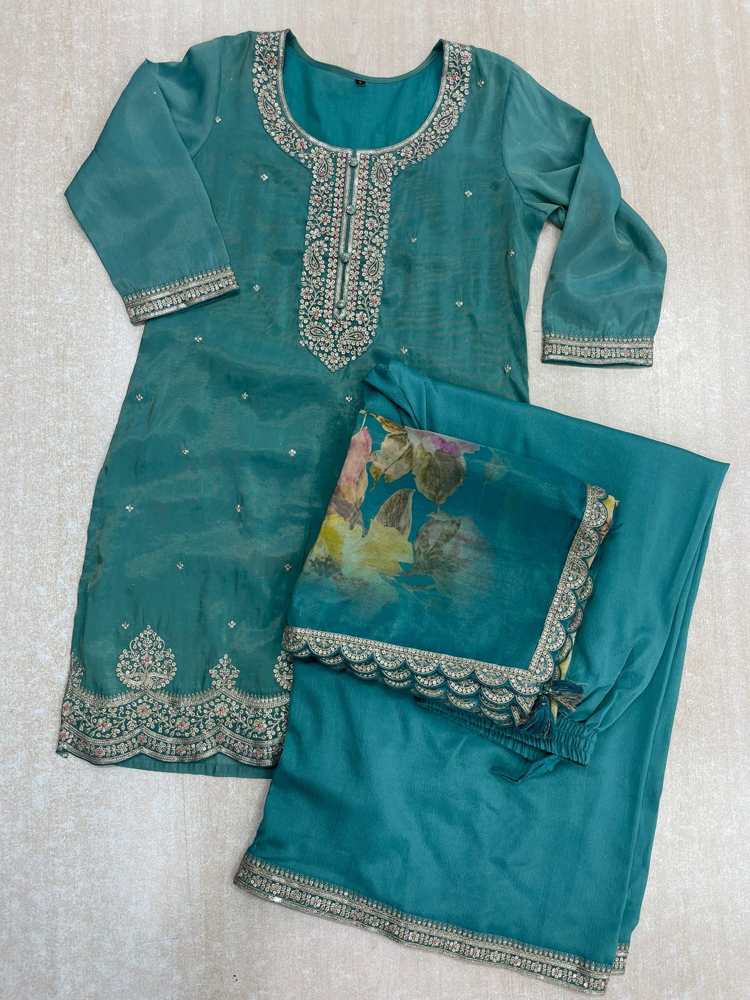 Elham – Turquoise Masoori Embroidered Suit Set with Printed Dupatta - 3pcs