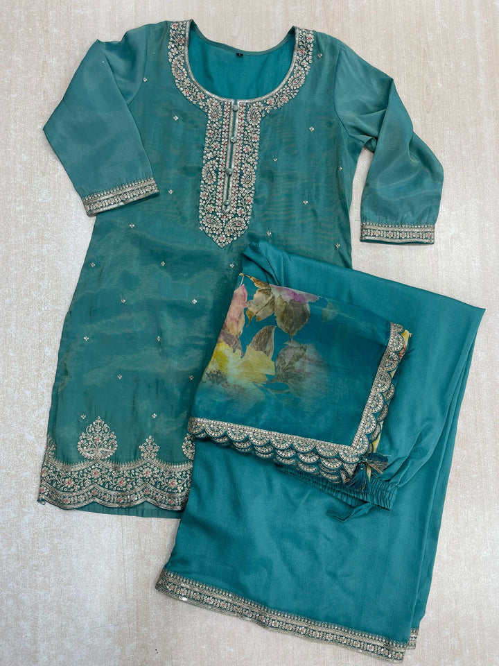 Elham – Turquoise Masoori Embroidered Suit Set with Printed Dupatta - 3pcs
