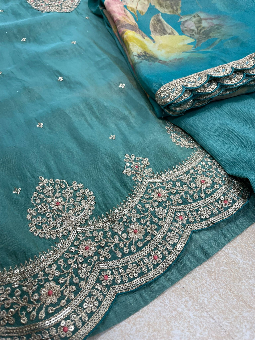 Elham – Turquoise Masoori Embroidered Suit Set with Printed Dupatta - 3pcs