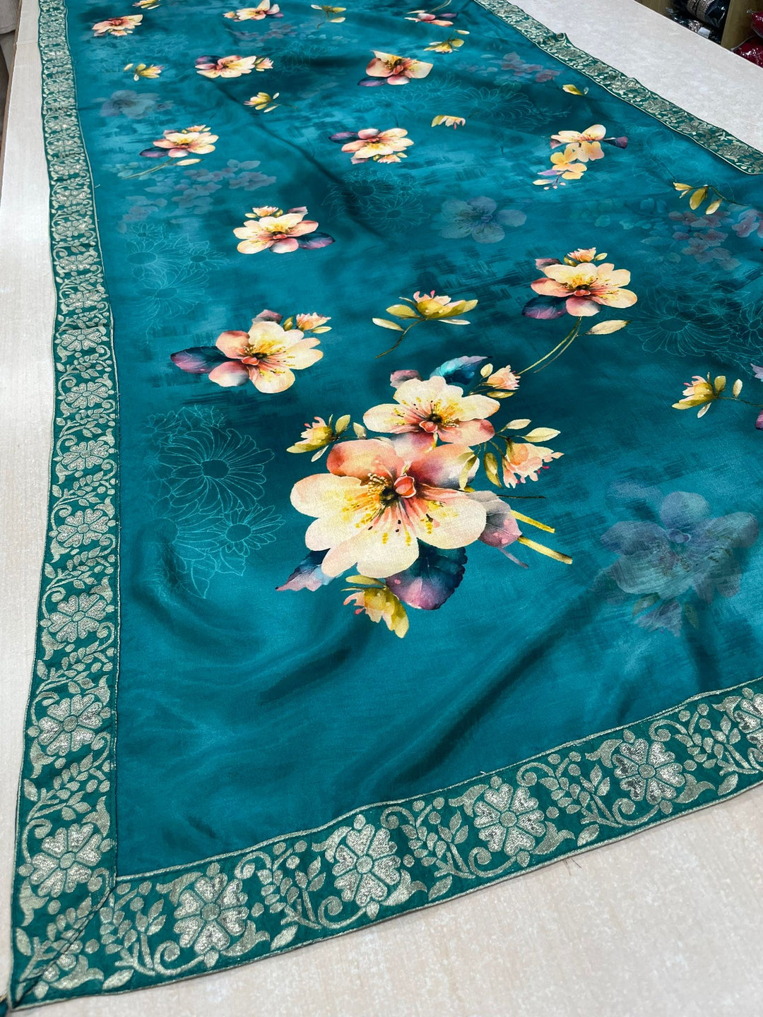 Floral Elegance – Teal Green Digital Print Dupatta with Zari Border