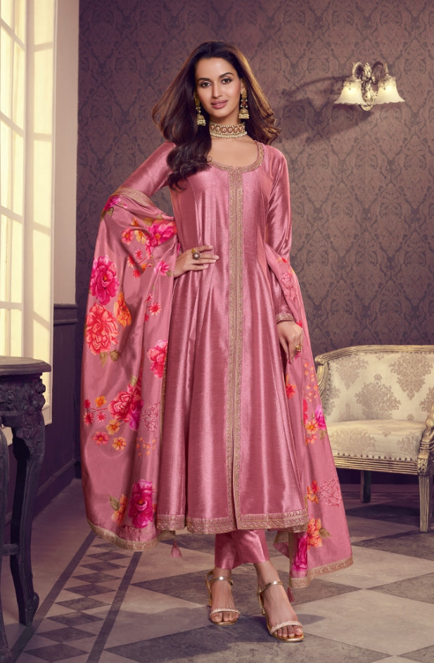 Khadija - Pink Silk bottom Split Anarkali With Print Scarf - 3 Pcs