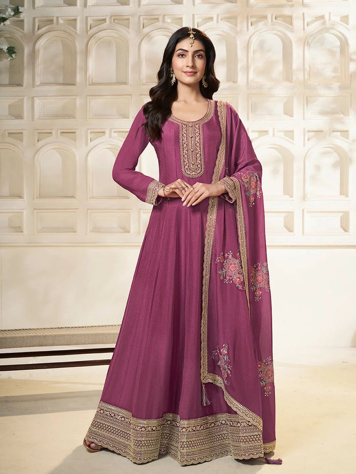 Amal – Purple Chinon Embroidered Anarkali Suit with Scalloped Dupatta - 2pcs