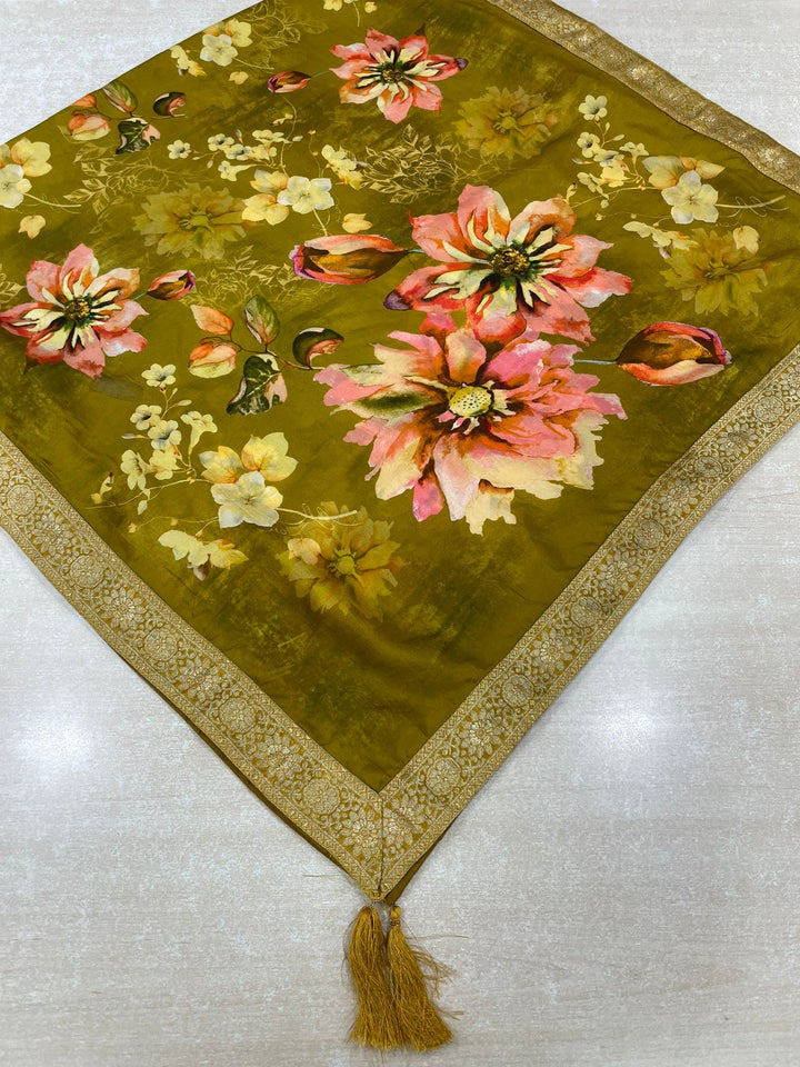 Floral Elegance – Mustard Yellow Digital Print Dupatta with Zari Border