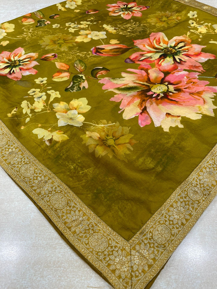 Floral Elegance – Mustard Yellow Digital Print Dupatta with Zari Border