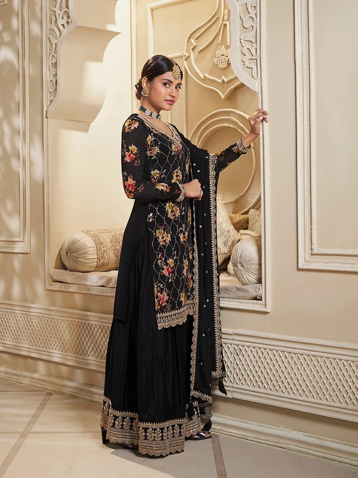 Jawaria – Black Digital Floral Printed Embroidered Sharara Suit Set – 3 Pcs