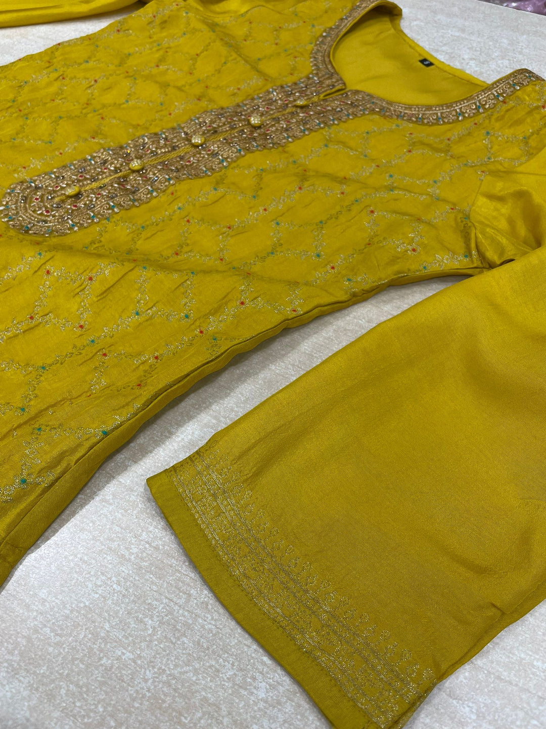 Aleena -Mustard Yellow Pure Viscose Dola with Embroidery Work & Digital Print Scarf - 3 Pcs