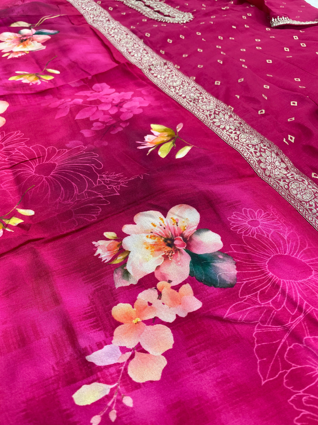 Iman - Pink Silk embroidered Anarkali with digital print scarf - 3 Pcs