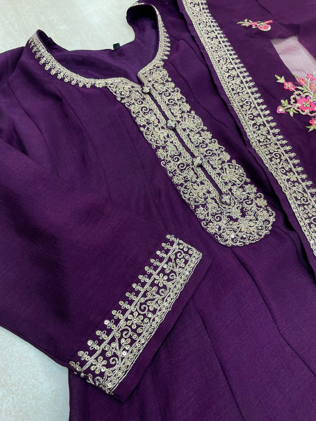 Marwah - Purple Embroidered Anarkali with Net Dupatta - 3 Pcs