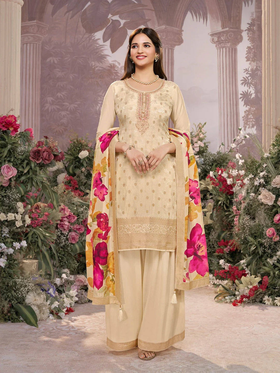 Farah – Off White Dola Silk Jacquard & Embroidery Sharara Set with Digital Print Dupatta – 3 Pcs