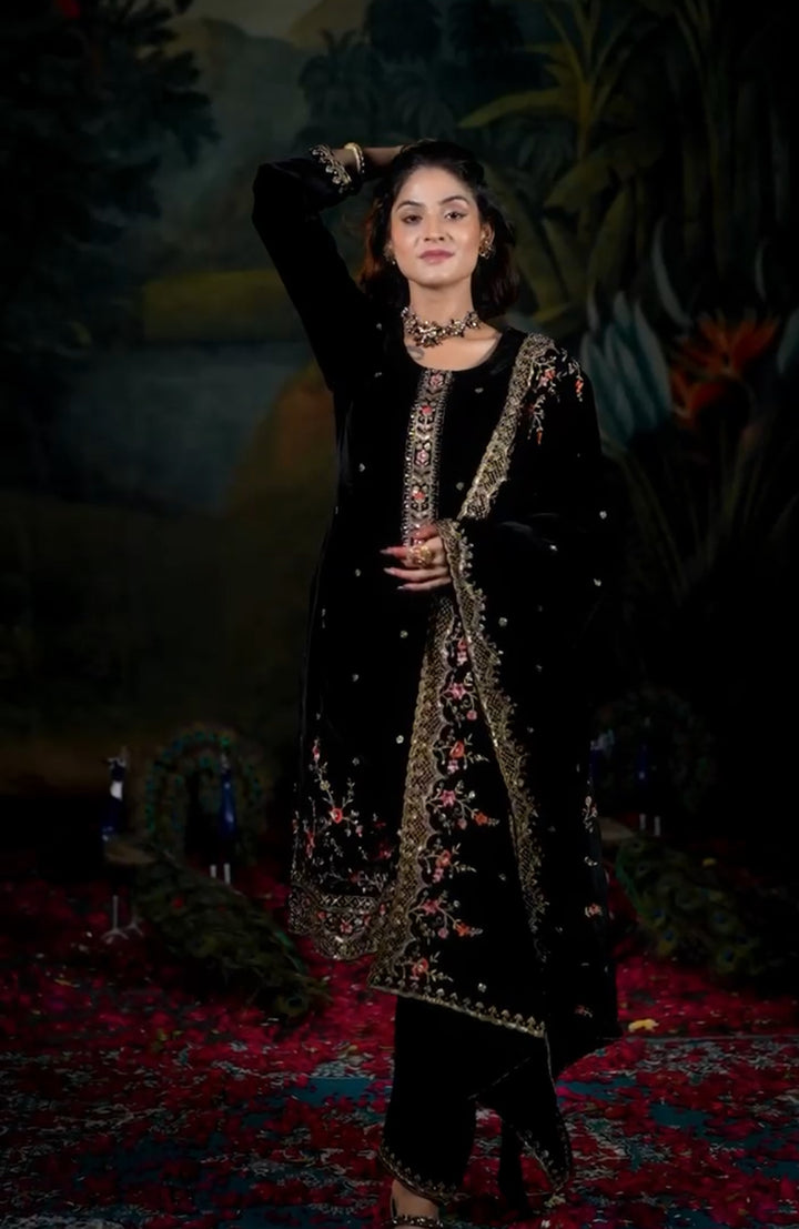Zoya - Black Velvet Kameez - Embroidered & Gem work - 3Pcs