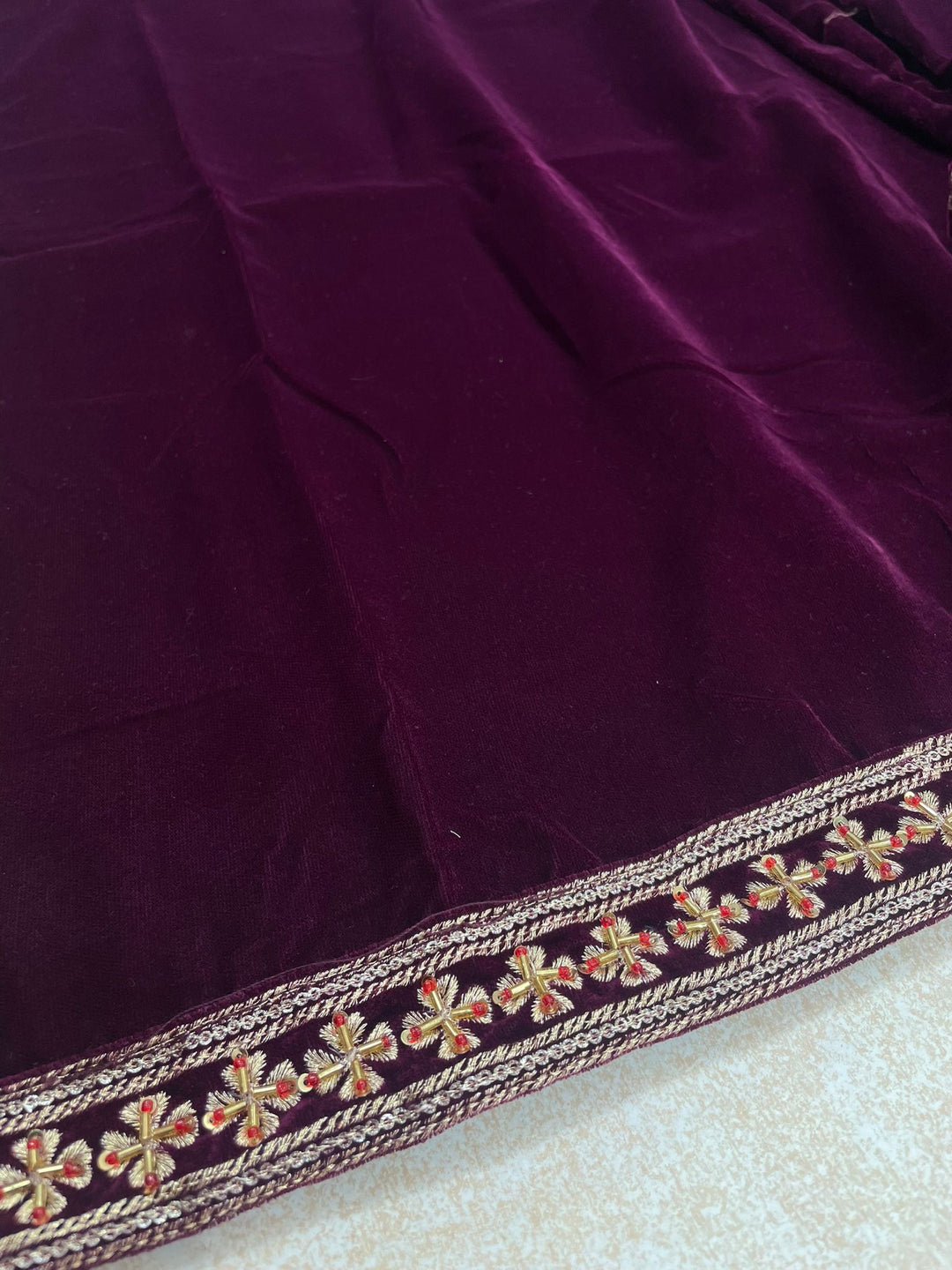 Noura - Purple Velvet Kameez - Embroidered & Gem work - 3Pcs