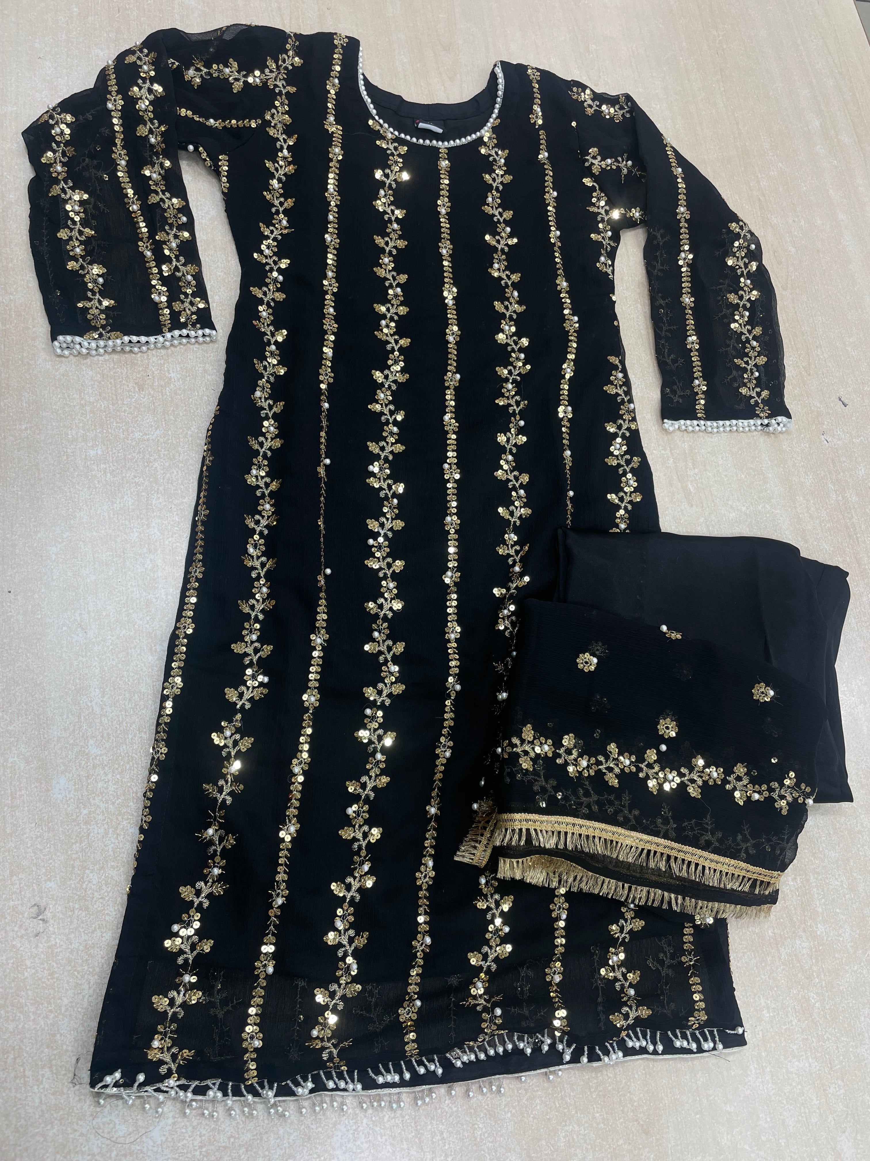 Black Chiffon Shalwar kameez with Gold Embroidery & Gem work - 3pcs