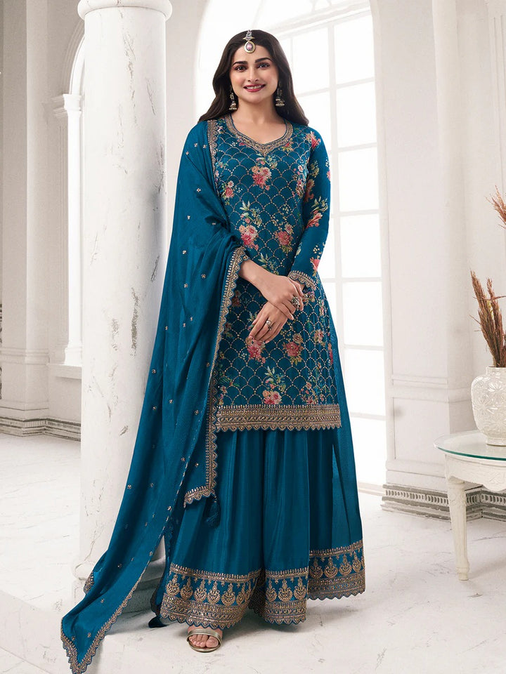 Jawaria – Teal Digital Floral Printed Embroidered Sharara Suit Set – 3 Pcs