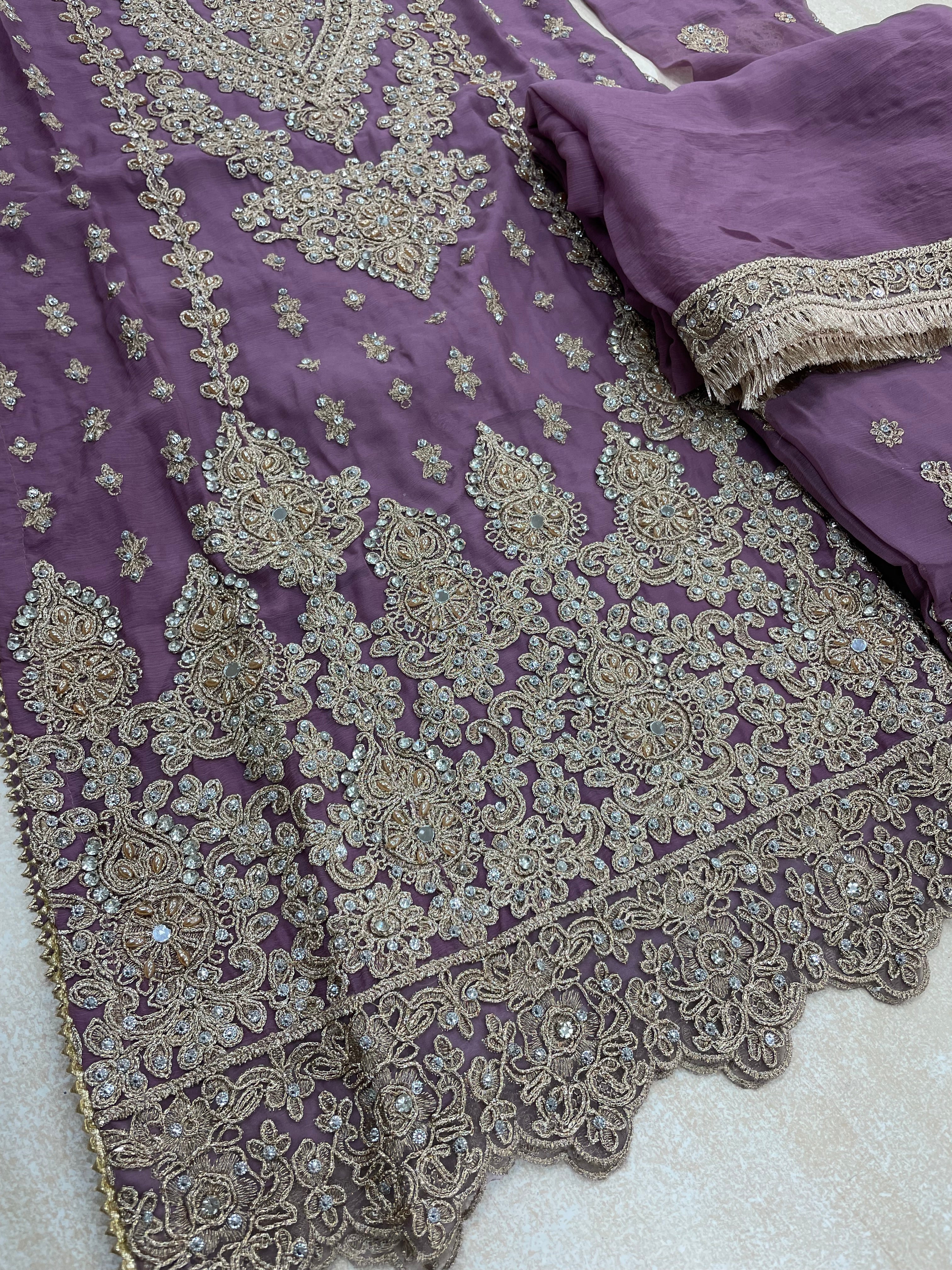 Lavender embroidered Plazo - Rose Gold Embroidered & Gem work - 3Pcs