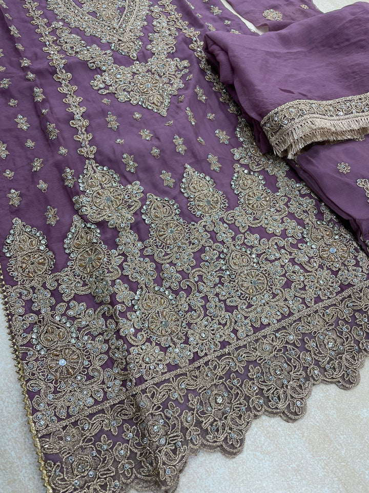 Aisha - Lavender embroidered Plazo - Rose Gold Embroidered & Gem work - 3Pcs