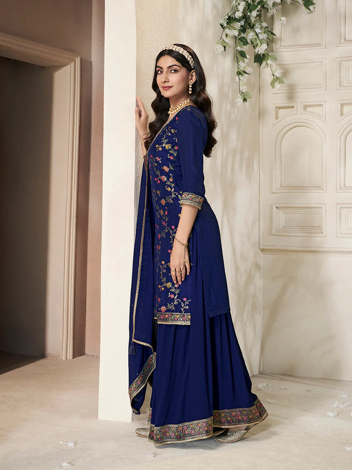 Sitara – Navy Blue Dola Silk Floral Jacquard Kurta with Plazo & Dupatta – 3 Pcs