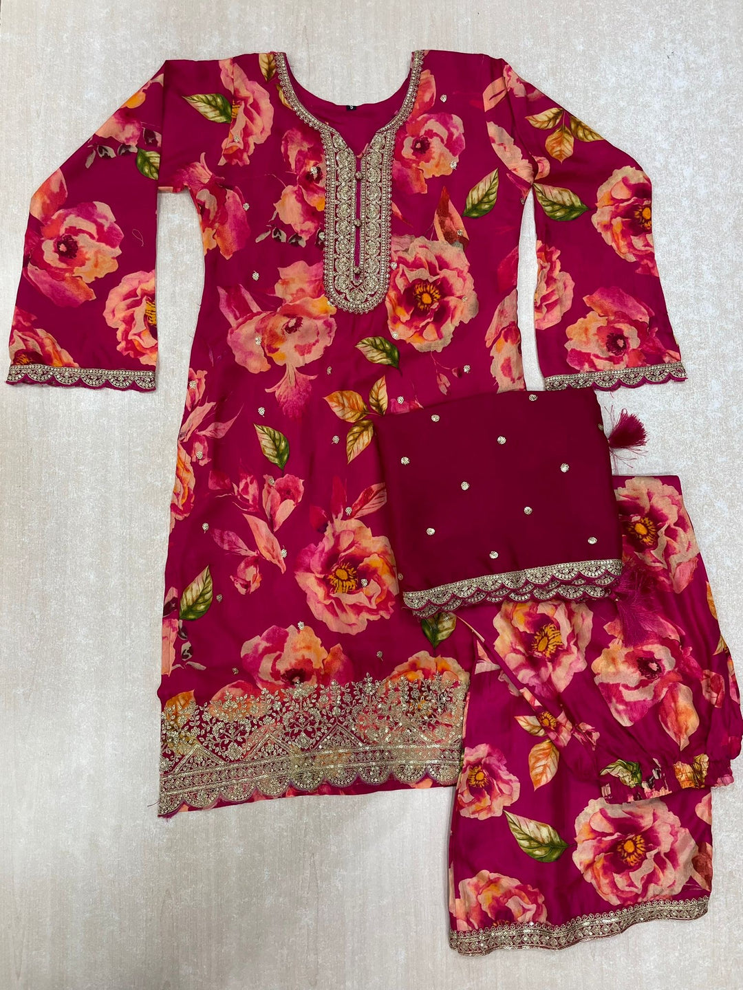 Nura - Hot Pink - Pure Silk Printed Plazo Kameez with Georgette Dupatta - Co-ord - 3pcs