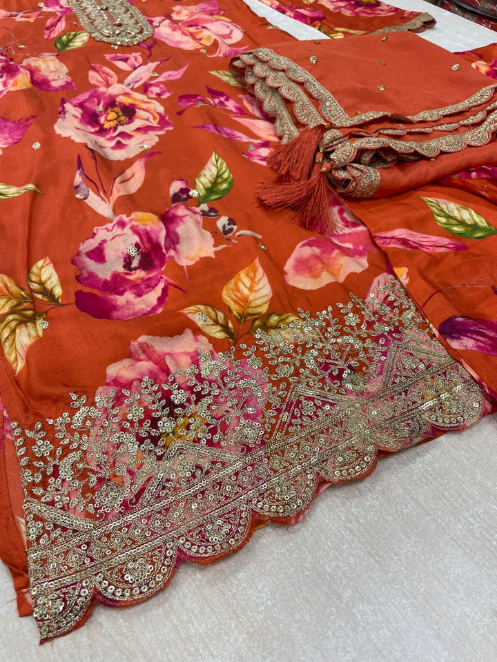 Nura - Burnt Orange - Pure Silk Printed Plazo Kameez with Georgette Dupatta - Co-ord - 3pcs