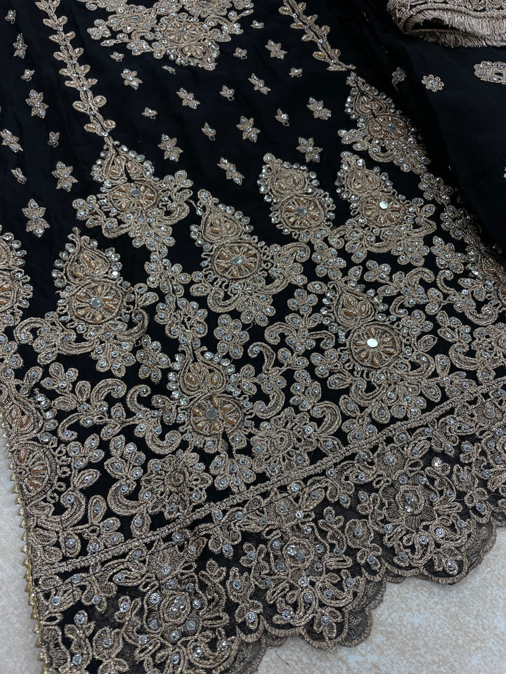 Aisha - Black embroidered Plazo - Rose Gold Embroidered & Gem work - 3Pcs