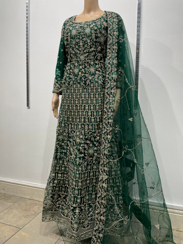 Yusra - Dark Green Heavy Embroidered Net Party Gown with White Gold Embroidered - 3pcs